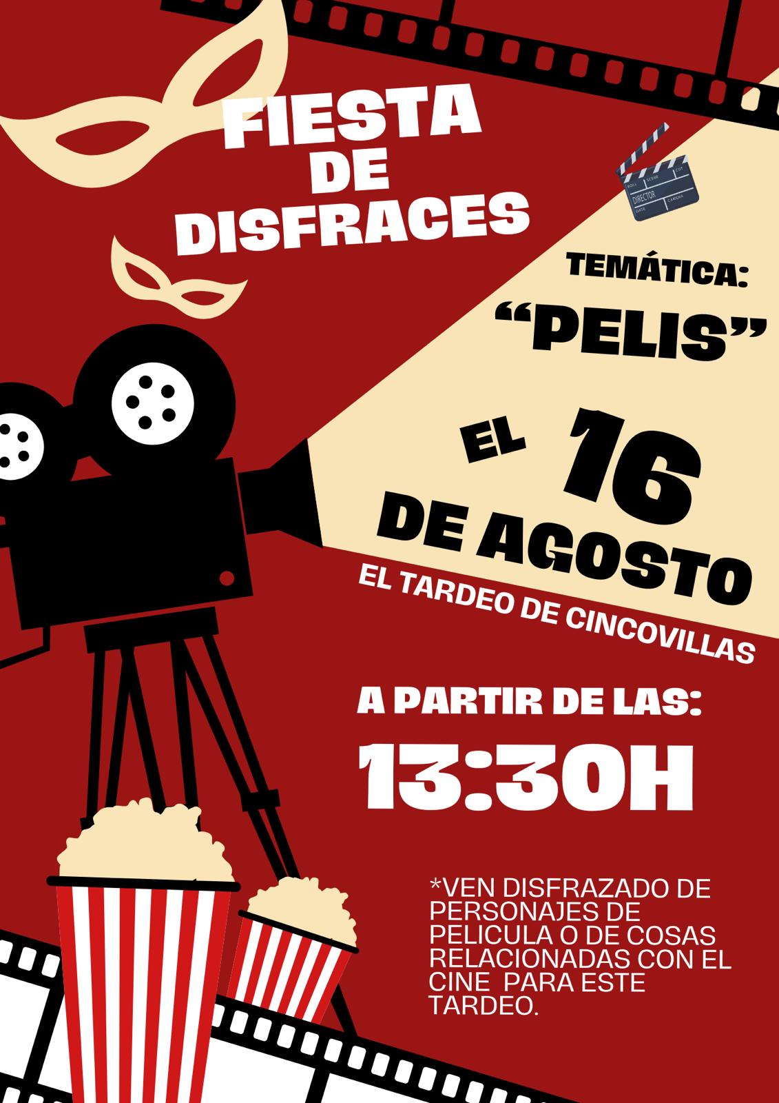 Cartel de la Fiesta de Disfraces de Cincovillas 2025 con temática de cine